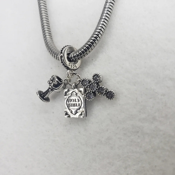 Bracelet Charm Holy Bible Sterling Silver 925 Dangle Charm Cross Bible Chalice - Picture 4 of 5
